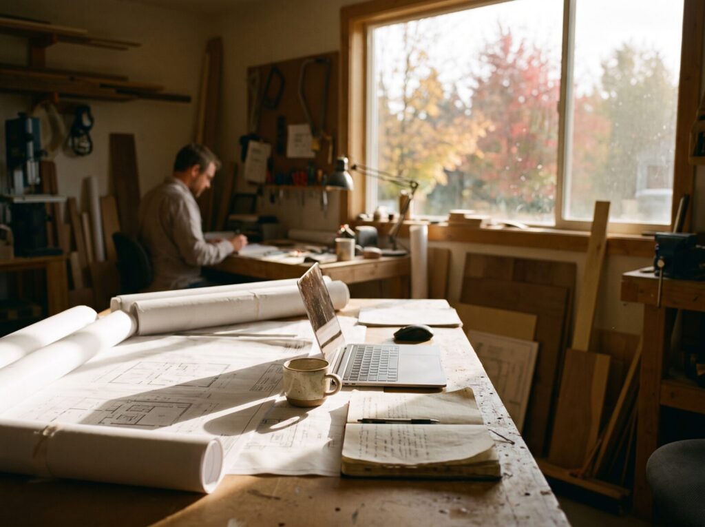 A workshop desk with printed plans, a laptop and a notebook in warm afternoon light, a colleague working in the background.