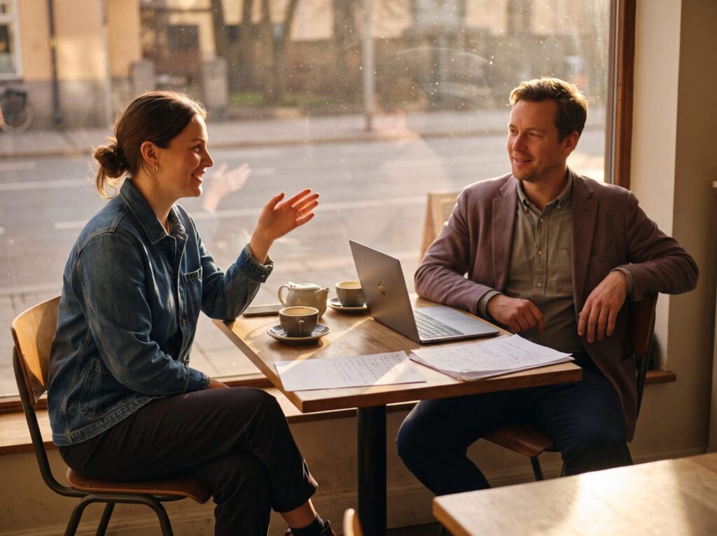 A relaxed working meeting with a local business owner, plans and a laptop on the table.
