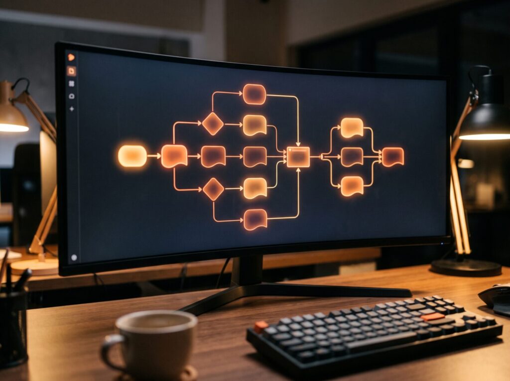 A workflow diagram on a screen showing a lead moving through capture, CRM, follow-up and notification.