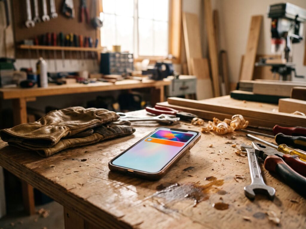 A phone showing an instant new-lead notification while work is underway in the background.