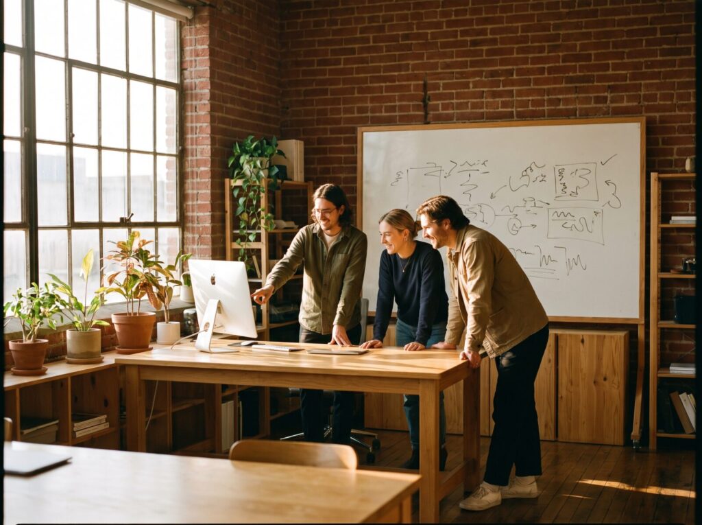The team working together in the Brewster office, screens and whiteboards visible.
