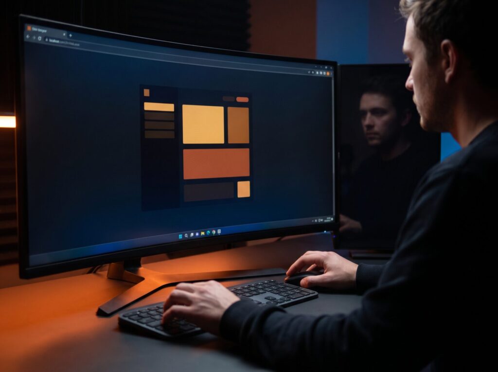 A close view of someone working on a build, code or design on screen.