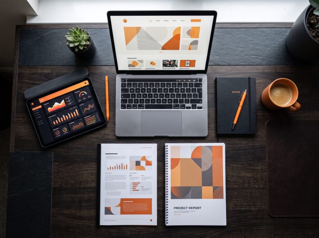 A detailed view of a completed project: website, dashboard and documents together.