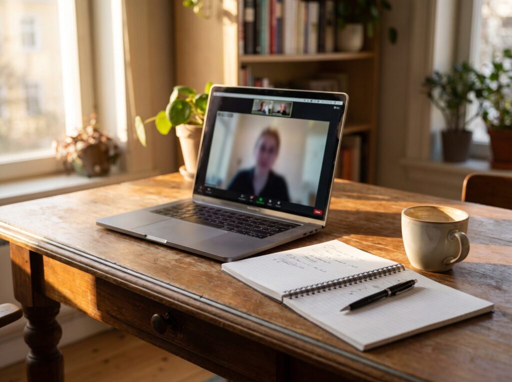A relaxed introductory call in progress, notes and a laptop on a desk.