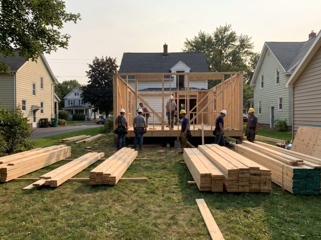 A crew working on a residential project, clean site, branded equipment.