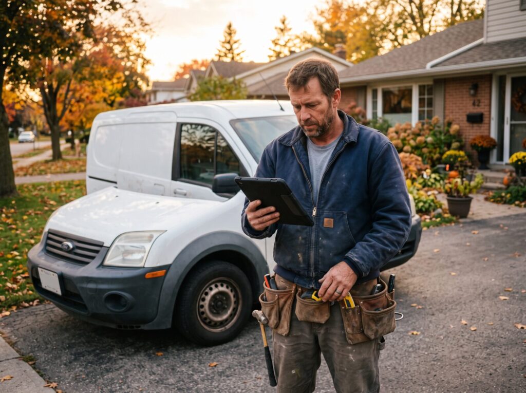 A contractor reviewing a proposal on a phone at a residential job site, van visible behind.