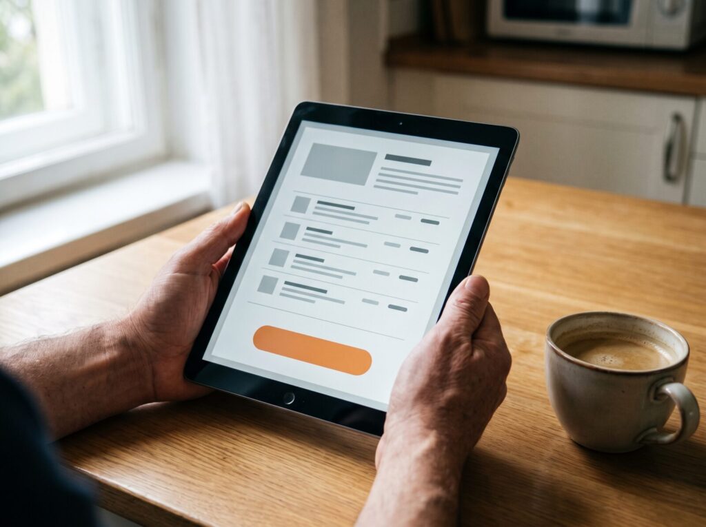A customer reviewing a branded interactive proposal on a tablet, with an accept button visible.