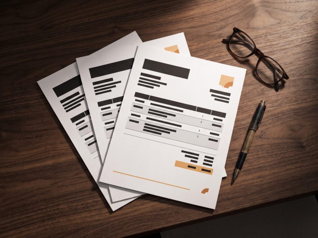 A set of branded business documents: estimate, contract and invoice, laid out cleanly.
