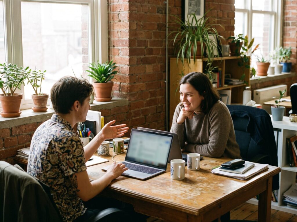Two people in conversation across a desk, one explaining something on a laptop.