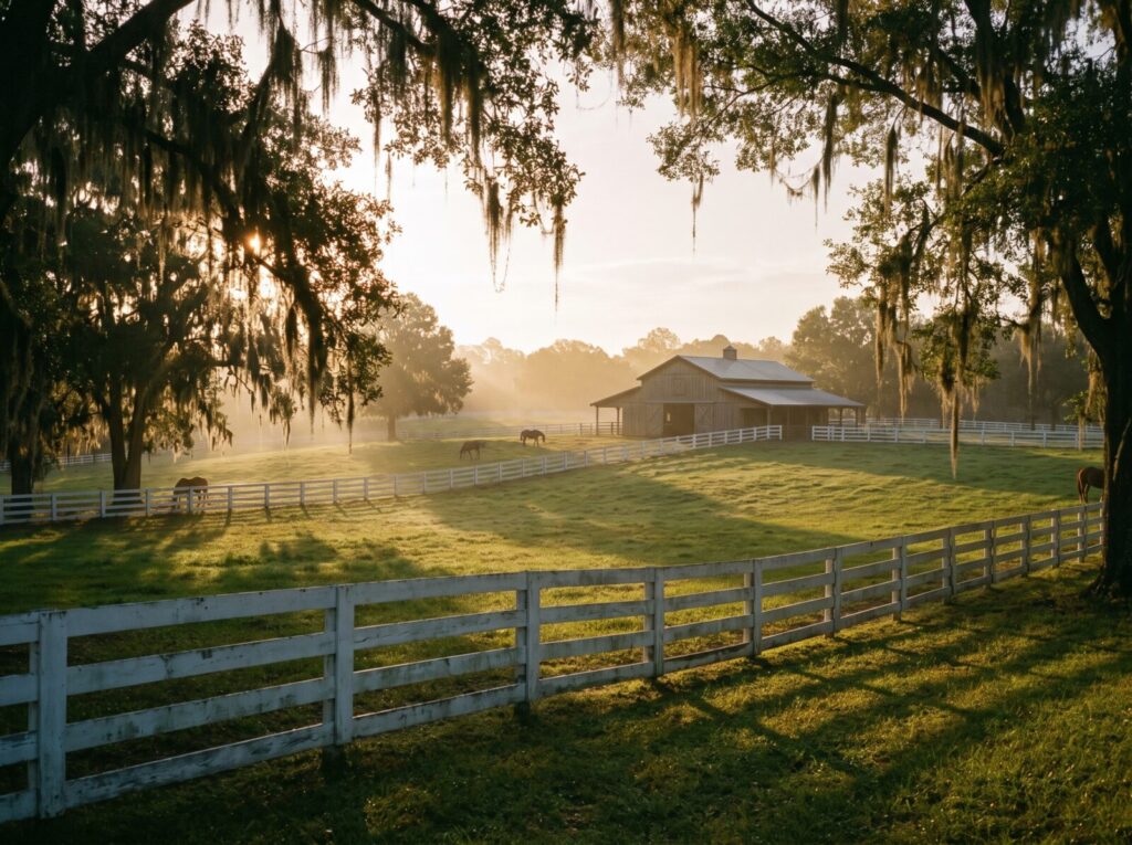Horse country pasture with white board fencing and live oaks near Ocala, Florida, in early morning light.