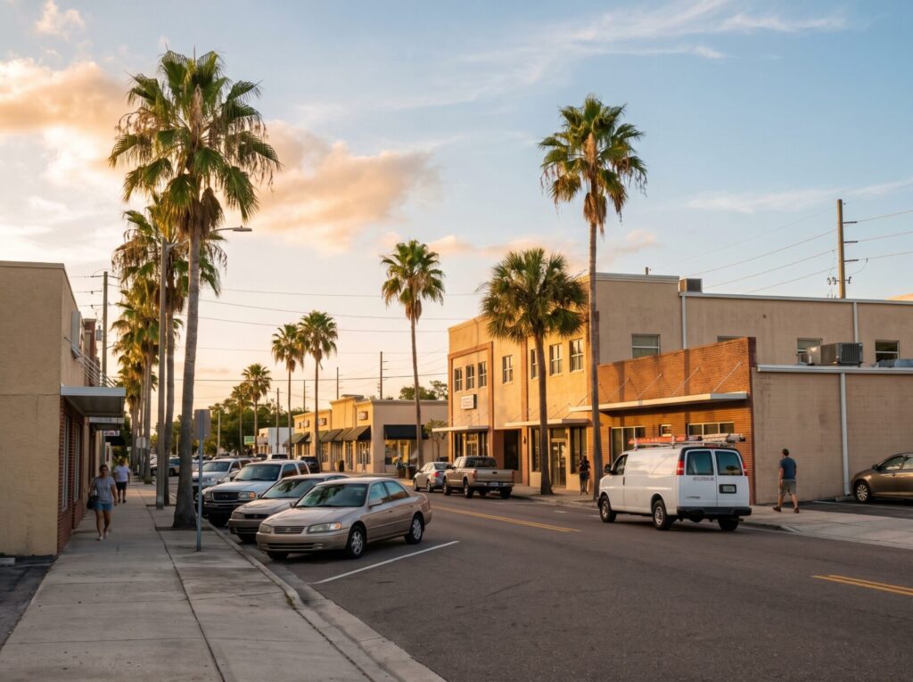 A Central Florida commercial district near Orlando at golden hour with palm-lined sidewalks and small business premises.