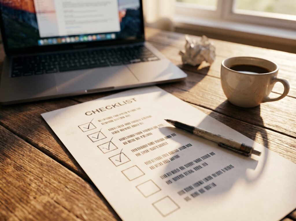 A printed checklist or worksheet alongside a laptop, being worked through.