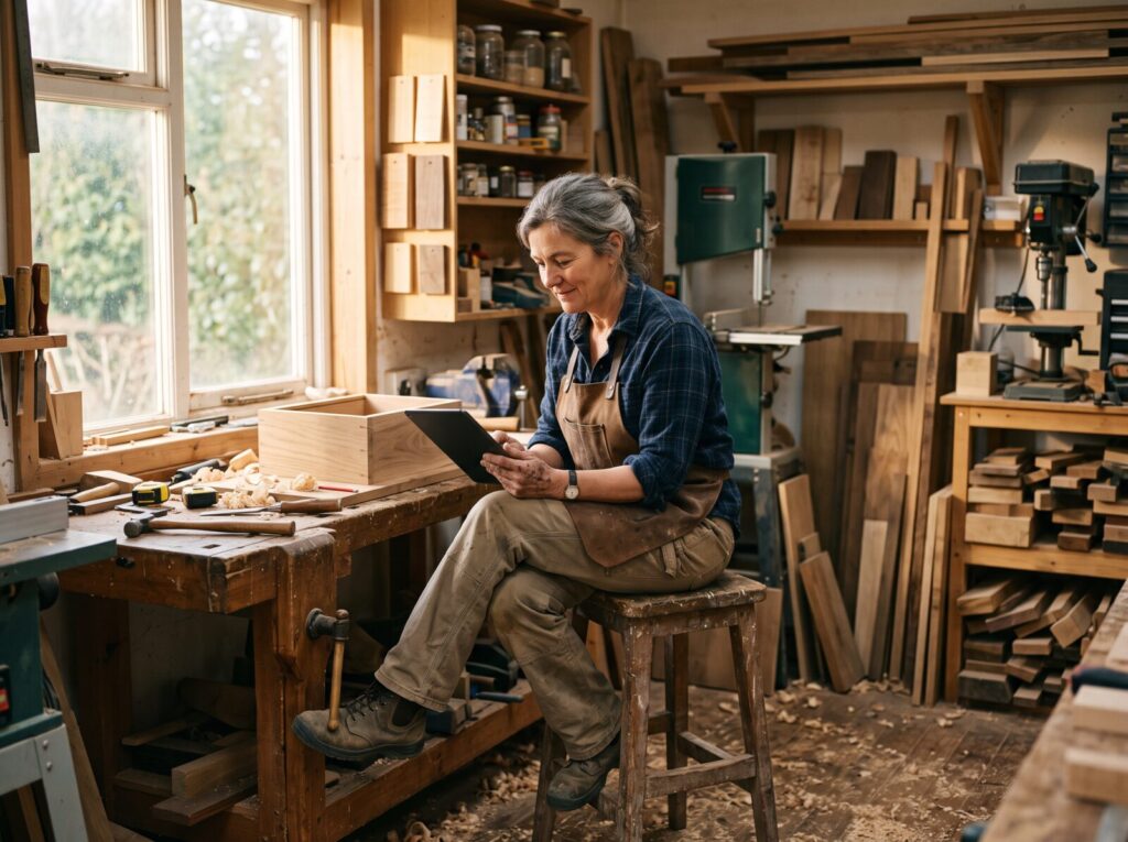 A business owner reading a practical guide on a tablet at a kitchen table or workshop desk.