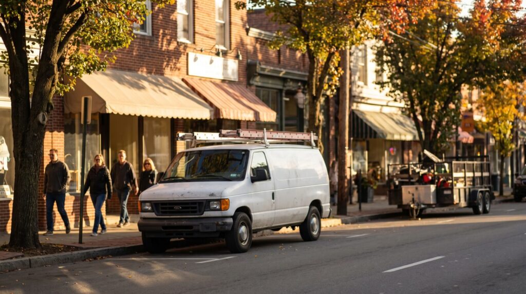 A composite of Hudson Valley trades at work: contractor, restaurant kitchen, landscaper and service van.
