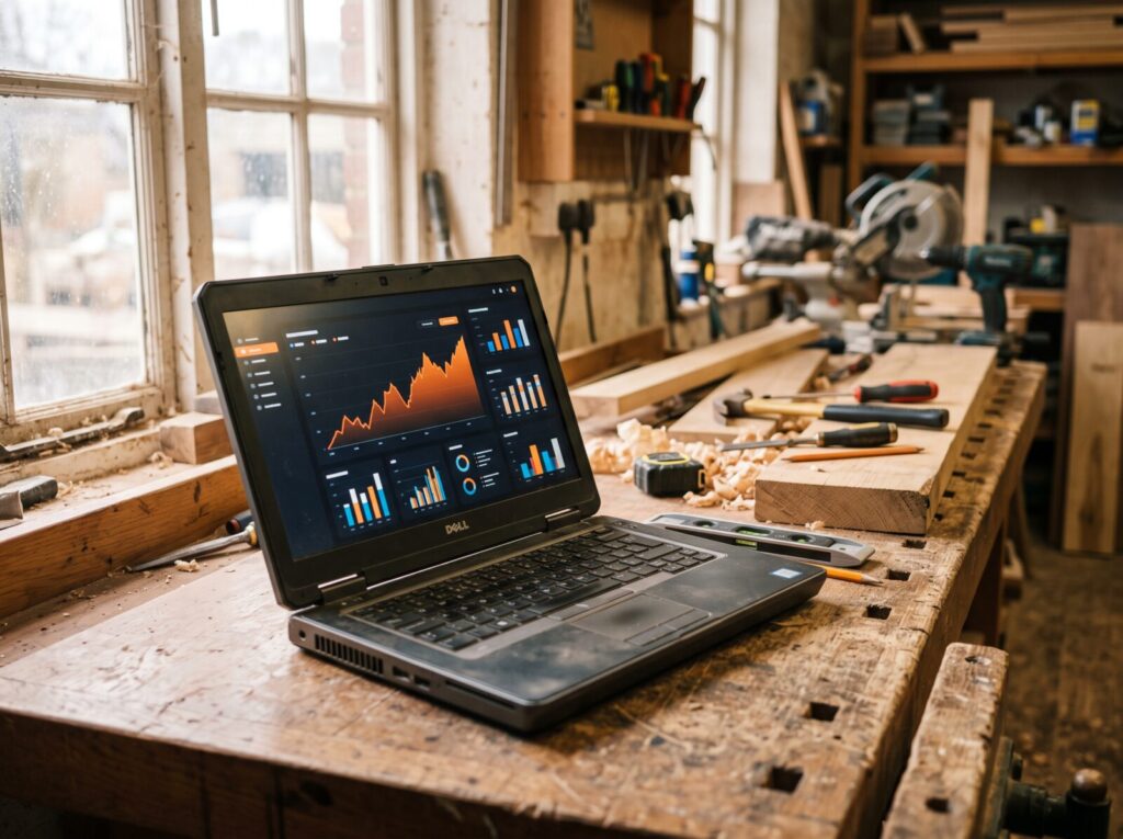 A laptop on a workbench or job-site truck showing a search performance dashboard with calls and directions trending up.