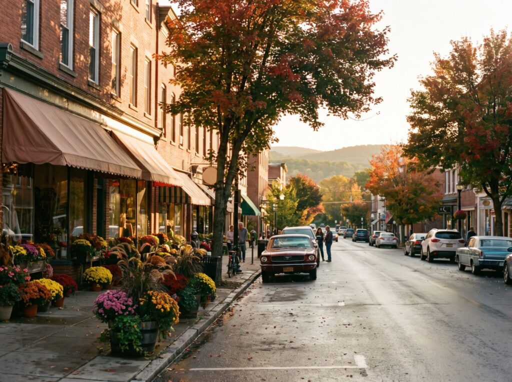A recognisable Hudson Valley main street or small town business district.