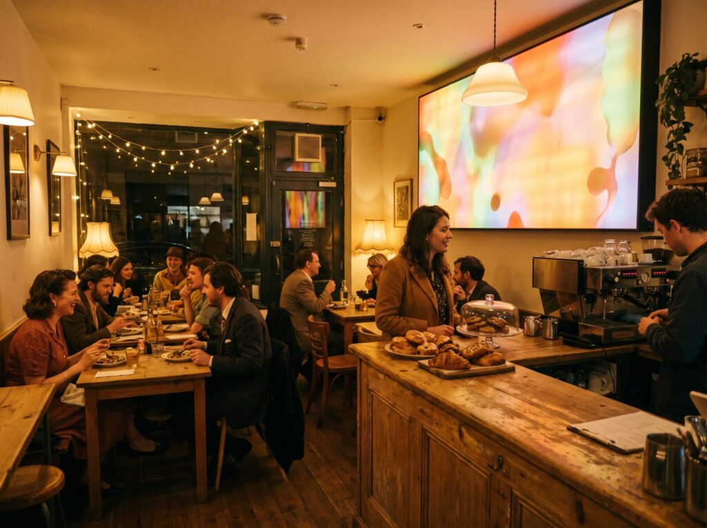 A warm restaurant interior at service time, digital menu board visible behind the counter.