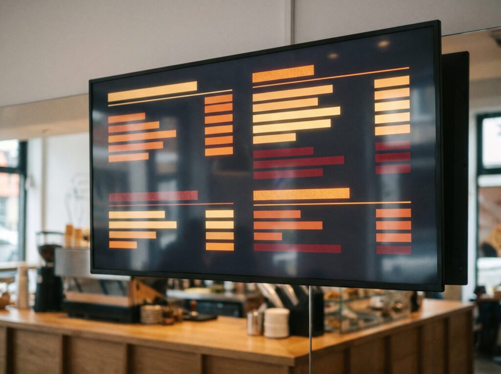 A close view of a digital menu board showing current dishes and prices, clean typography.