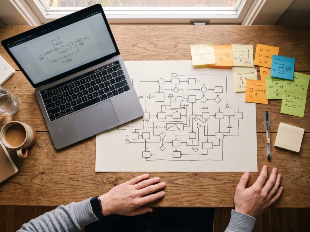 A diagram or workspace showing marketing, technology and operations connected as one system.