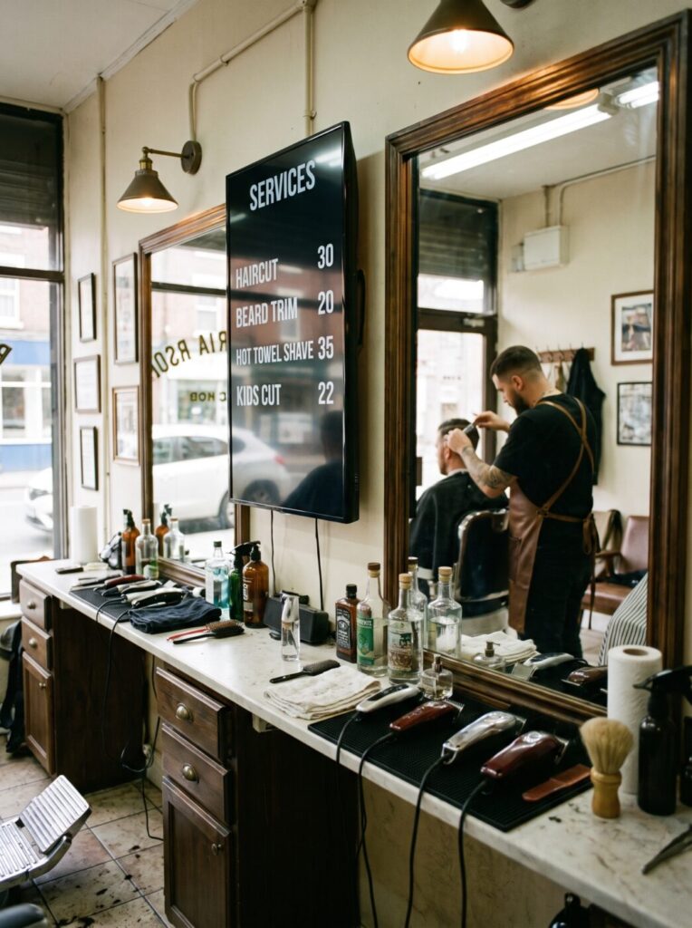 A vertical screen in a barbershop showing the service price list for cuts, beard trims and shaves.