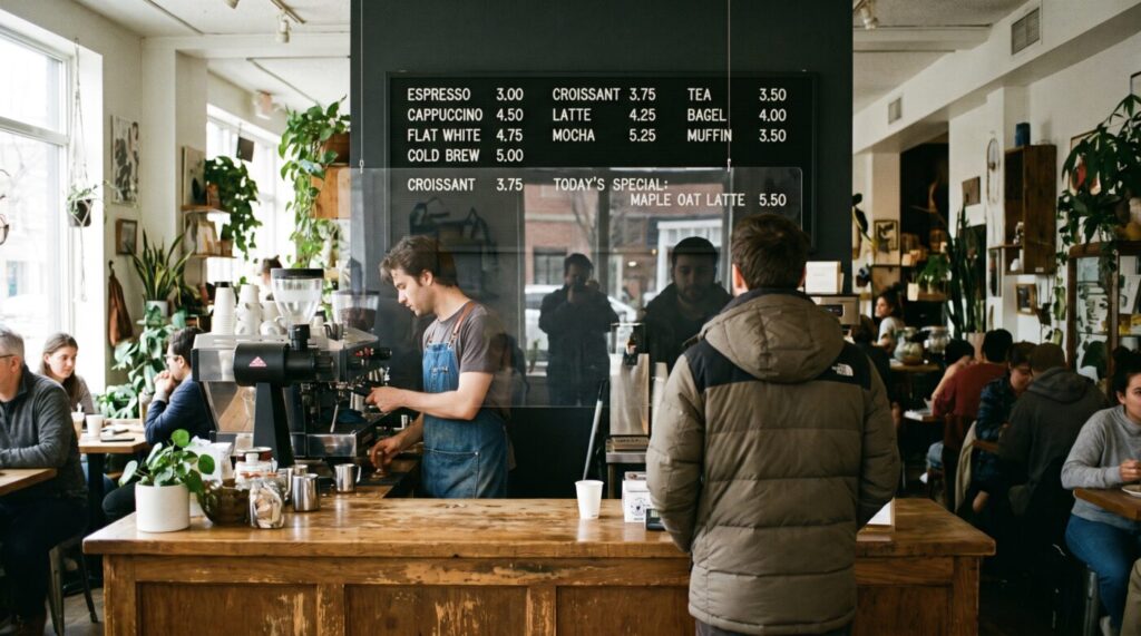 A digital menu board above a coffee shop counter listing drinks and prices, with a highlighted daily special.
