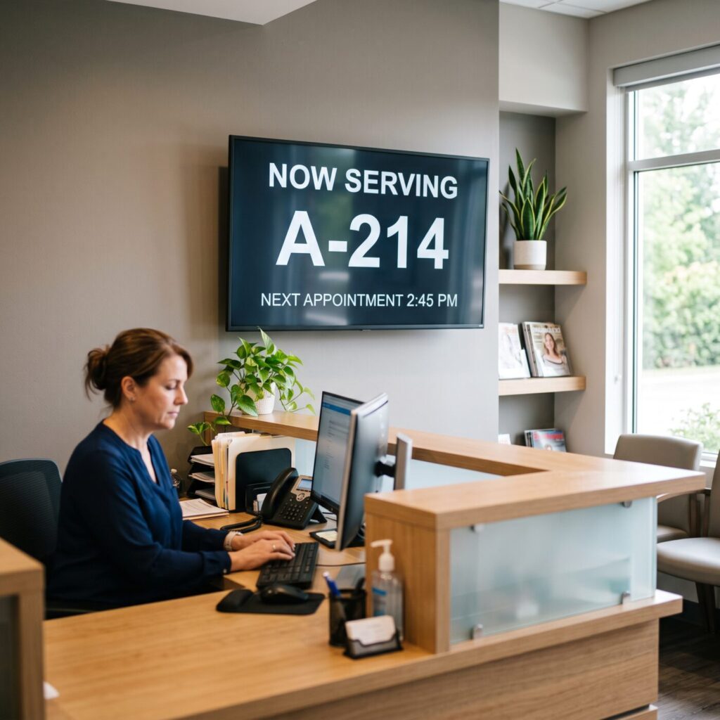 A reception screen showing the number now being served and the next appointment time.