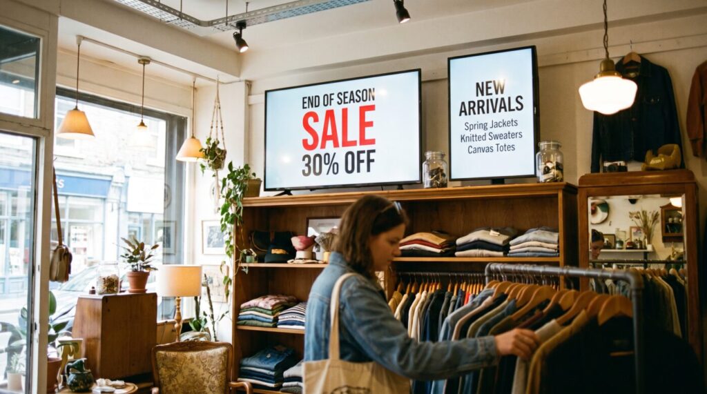 Two shop screens of different sizes showing an end of season sale and a new arrivals list.