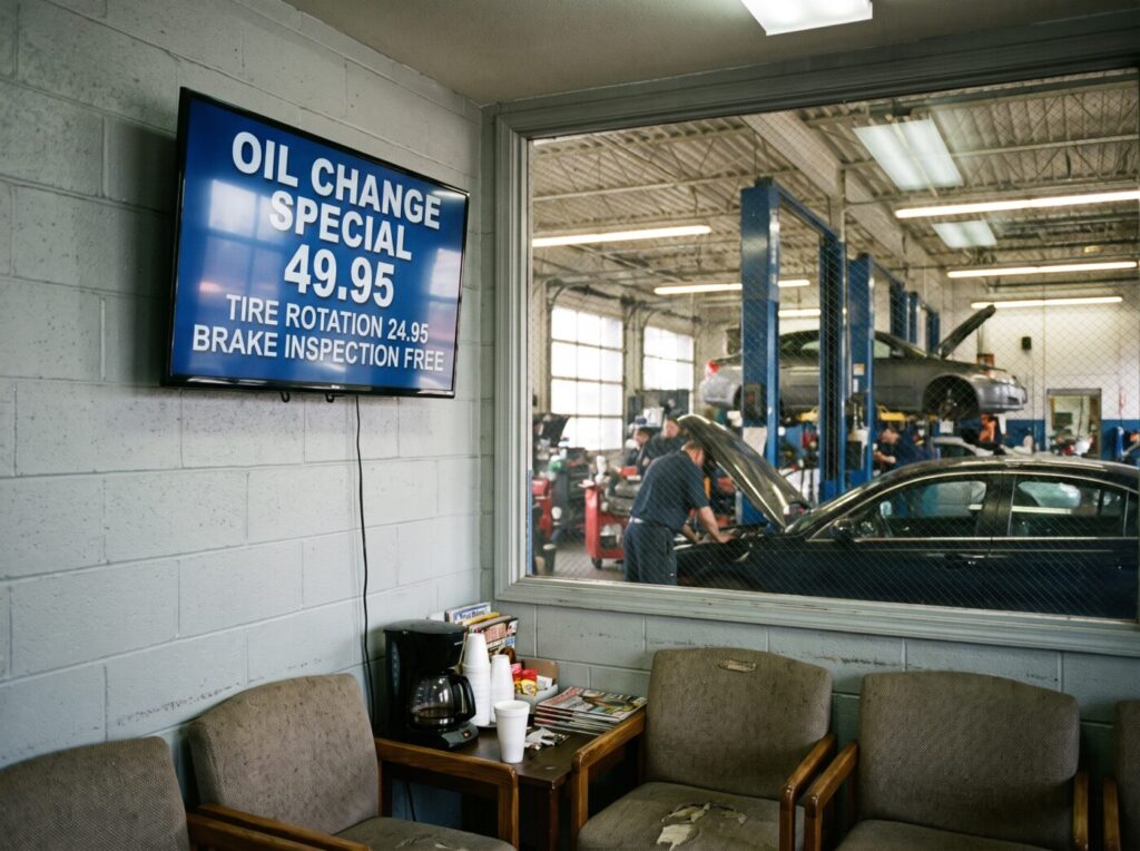 A waiting room display in an auto repair shop promoting an oil change special and other service prices.