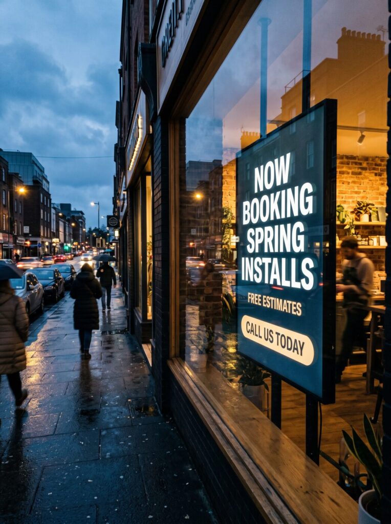 A digital display facing out through a shop window at dusk advertising spring bookings and free estimates to passers-by.