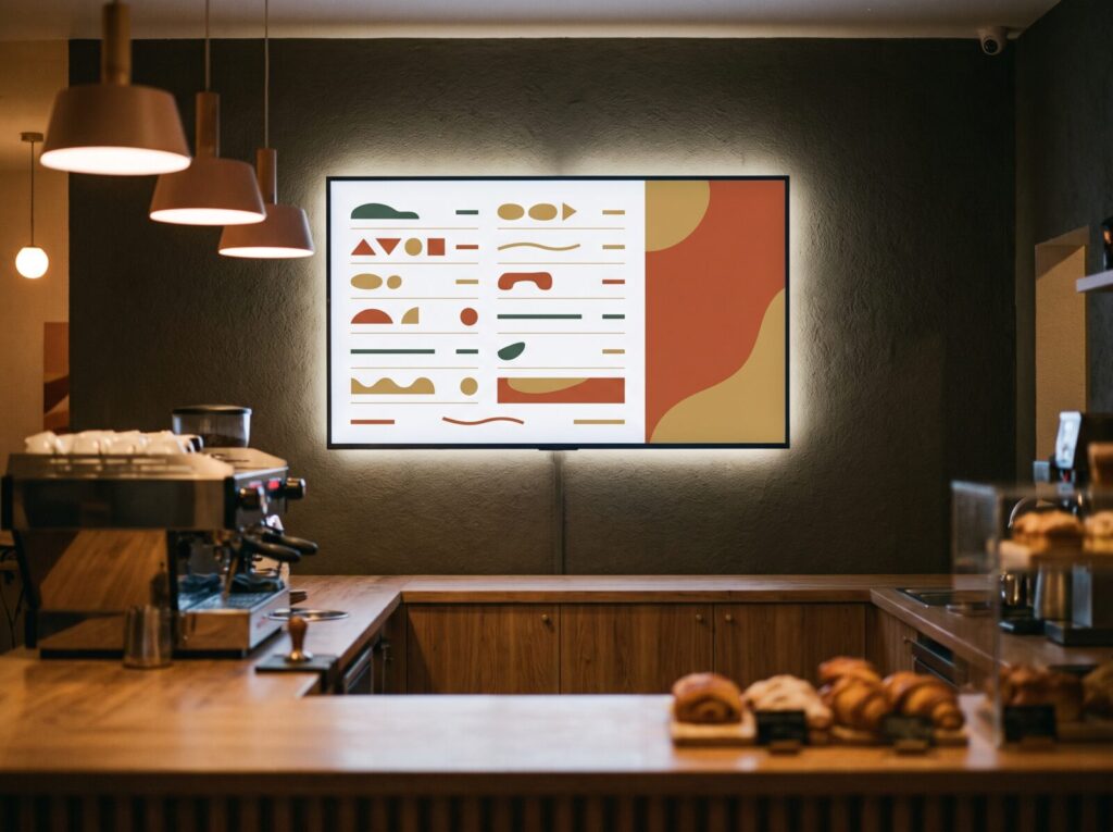 A digital menu board behind a restaurant counter showing current specials, warm interior lighting.