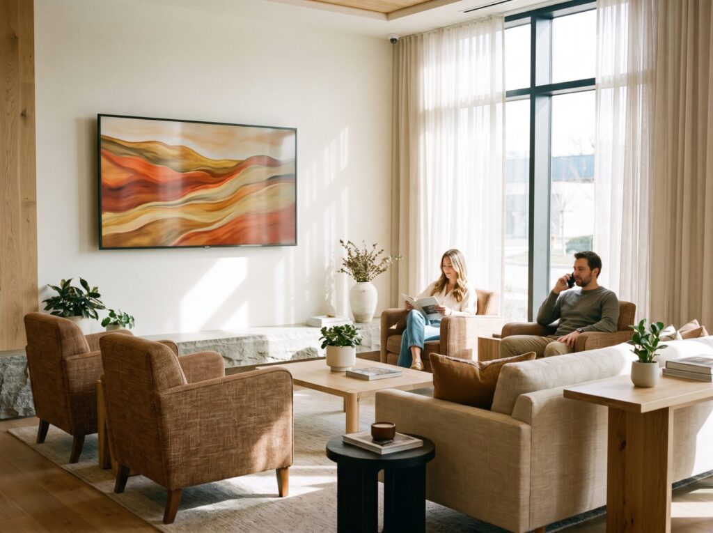 A waiting room or service counter with a promotional display, customers seated nearby.