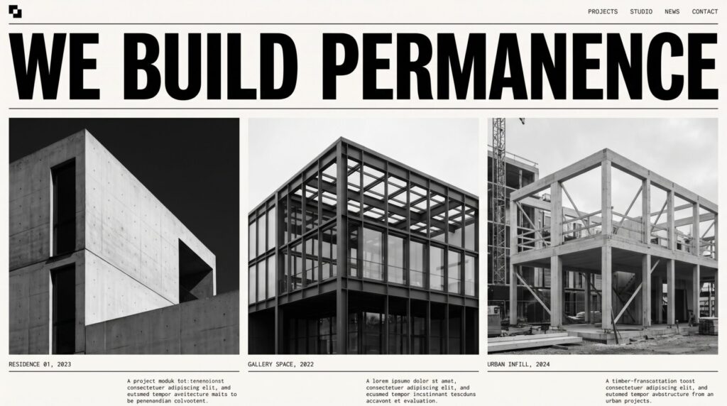 Architecture studio website design: bold editorial typography over a strict project grid with hairline rules.