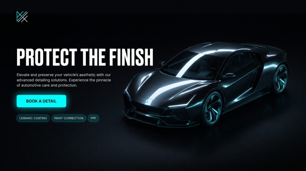 Performance detailing website design: 3D rendered car on a black background with a bright booking call to action.