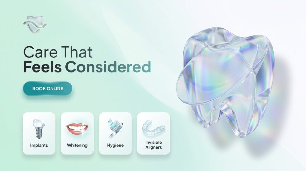 Dental and wellness clinic website design: soft gradient background, 3D glass shape and online booking call to action.