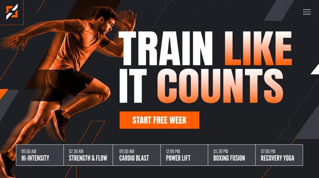 Boutique fitness studio website design: duotone athlete photography, bold headline and a class schedule strip.