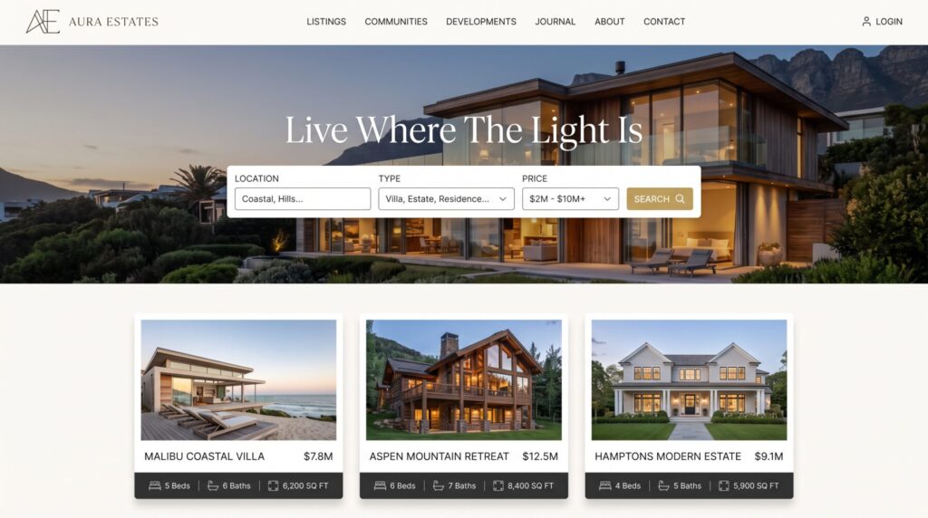 Luxury real estate website design: full-width property photography with a floating search bar and listing cards.