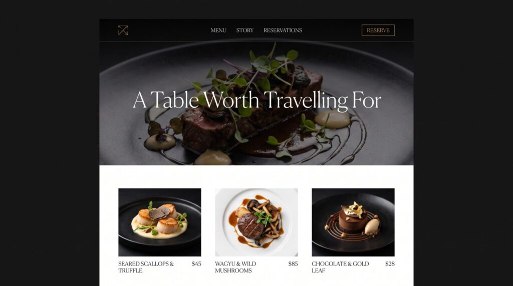Fine dining restaurant website design: full-bleed dish photography, elegant serif headline and a reservations call to action.