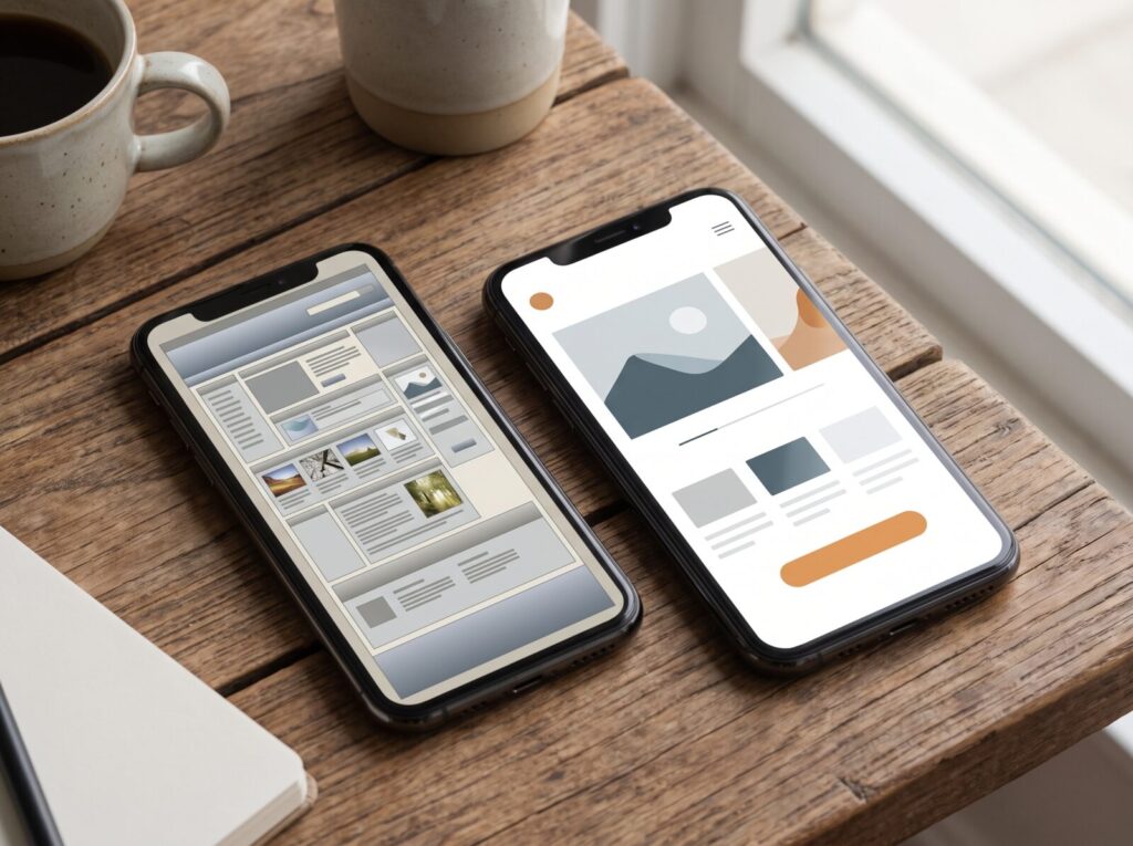 A side-by-side of a dated local business website and a modern rebuild, both shown on a phone.