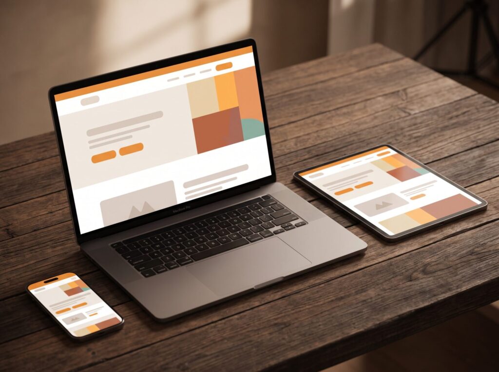 The same site shown on desktop, tablet and phone, demonstrating the responsive layout.